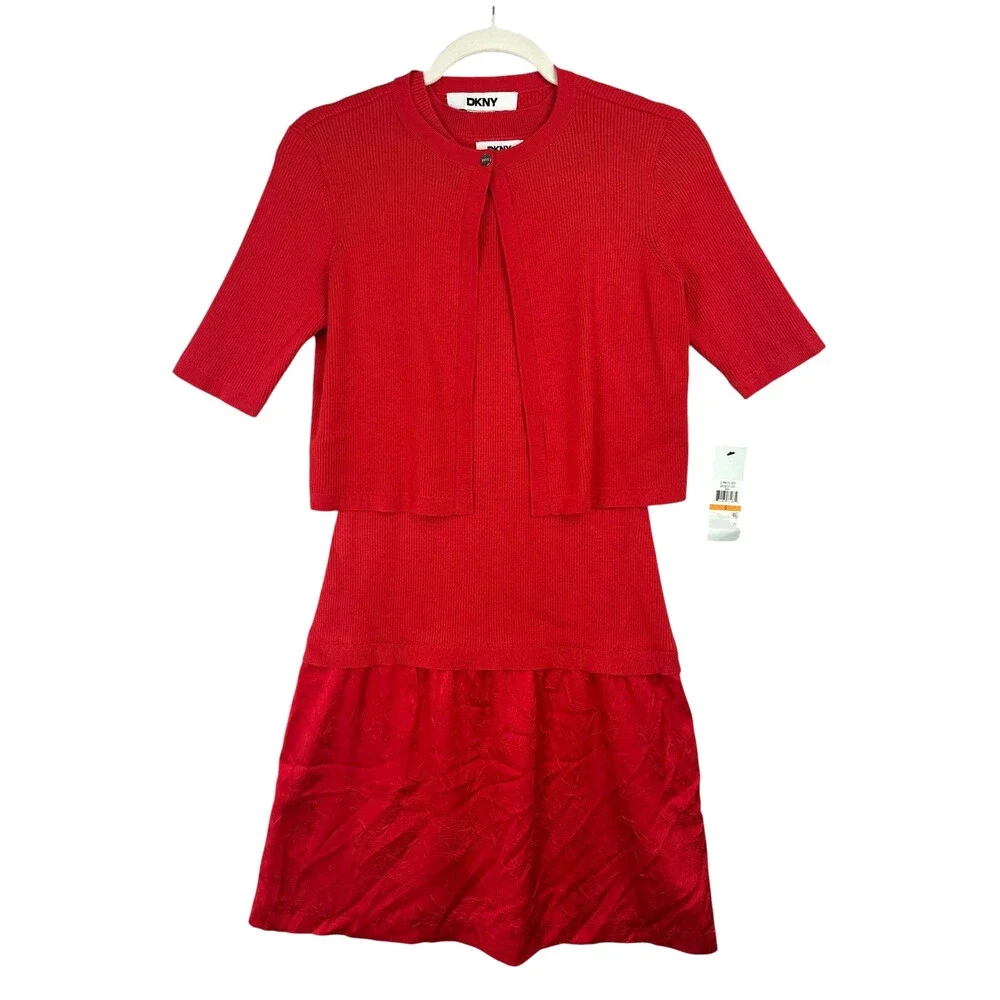 DKNY Cardigan Dress Small 2-Piece Set Sheath Sleeveless Watermelon Pink NWT $169
